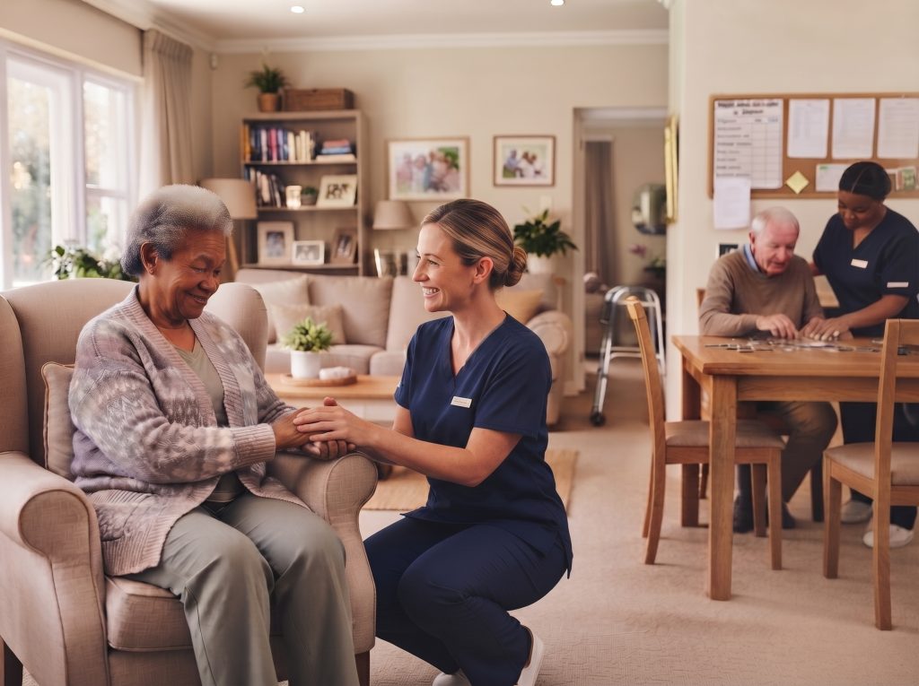 A caregiver kneeling beside a smiling elderly resident, holding her hands