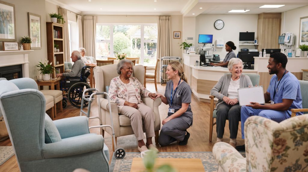 Nursing staff and residents together in the lounge of the frail care facility