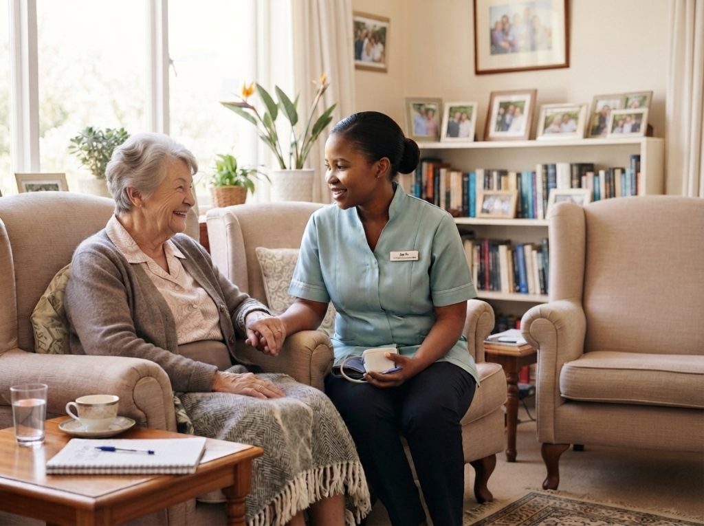 A carer sitting and talking with an elderly woman in her own living room
