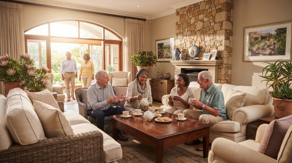 A group of active seniors chatting over tea in a comfortable lounge